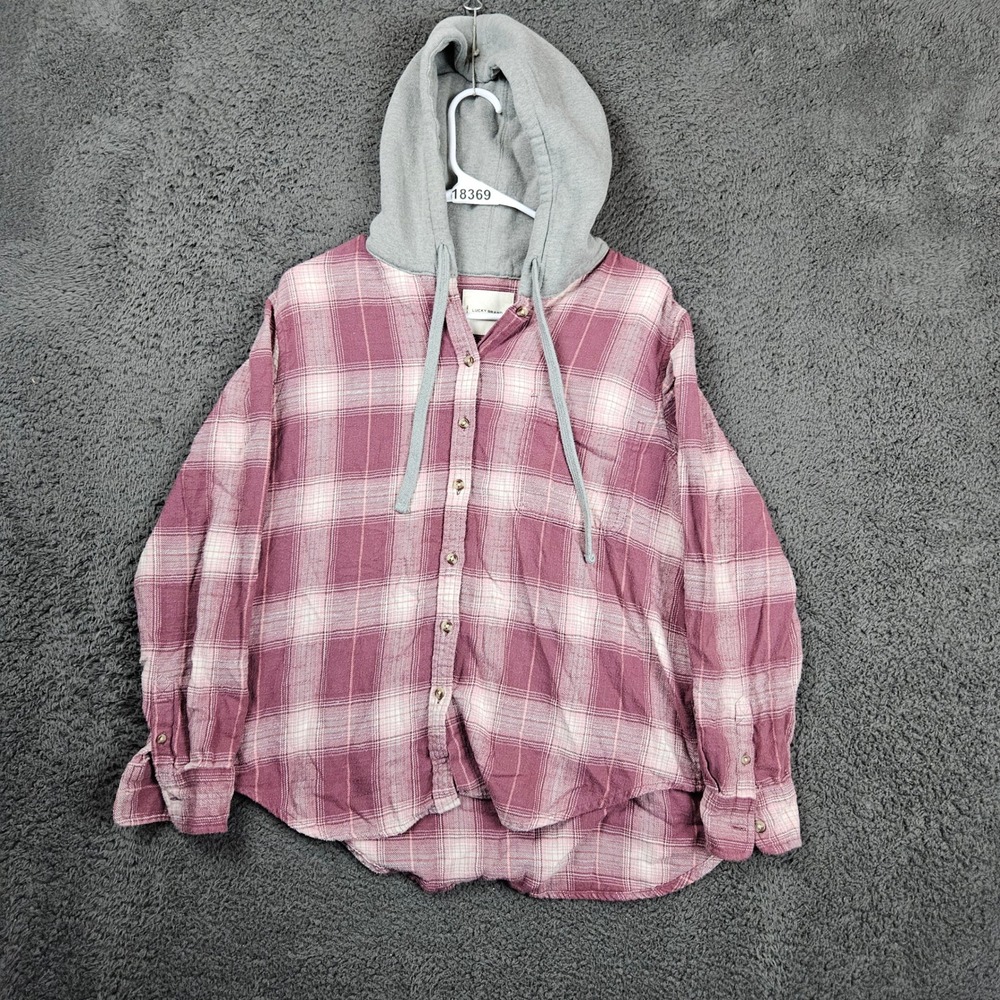 Lucky Brand Plaid Flannel Shirt Hoodie Combo Women's Size M Purple White